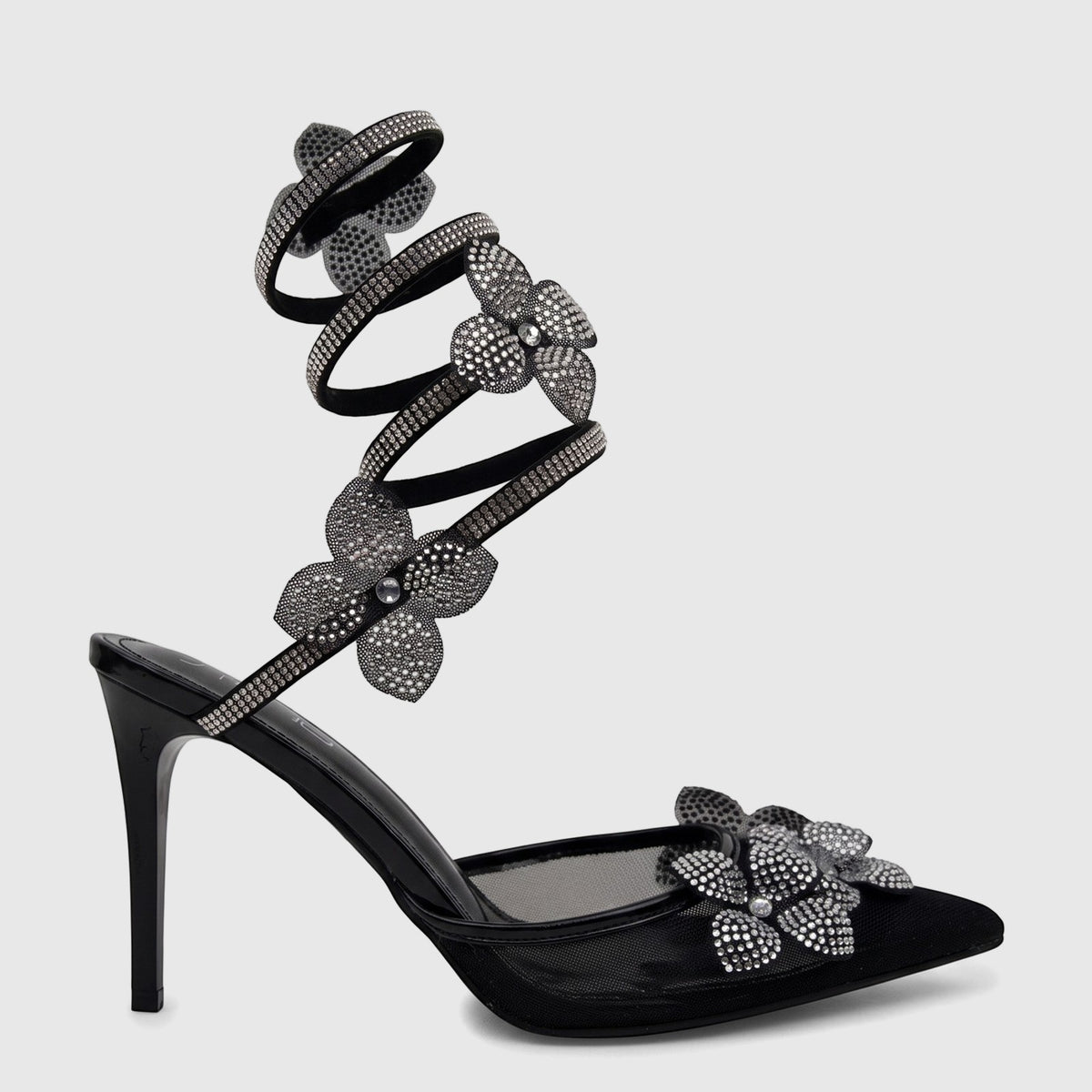Bulbul Ladies Spiral Strap Evening Heel Sandal in black, featuring rhinestone flower embellishments and a pointed toe design.