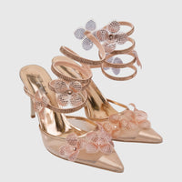 Rose gold Bulbul Ladies Spiral Strap Evening Heel Sandals LU053 with pointed toes, stiletto heels, and sparkling rhinestone