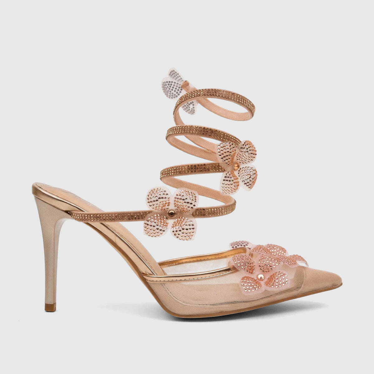 Bulbul Ladies Spiral Strap Evening Heel Sandal in rose gold, adorned with crystal butterflies and a delicate mesh toe box,