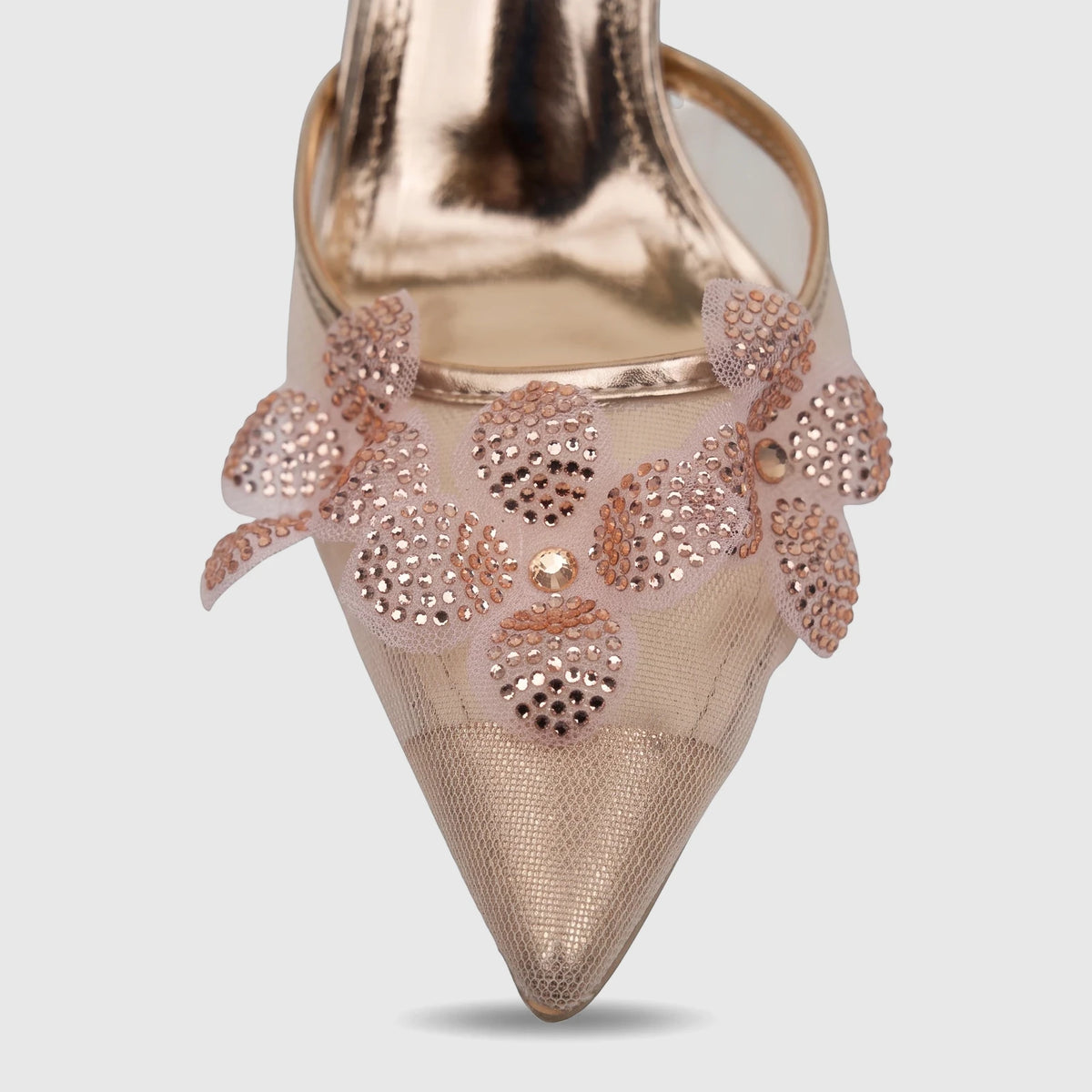 Rose gold Bulbul Ladies Spiral Strap Evening Heel Sandal with intricate rhinestone floral embellishments on the vamp, seen