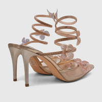 Rosegold Bulbul Ladies Spiral Strap Evening Heel Sandals, featuring sparkling rhinestone butterfly details and elegant
