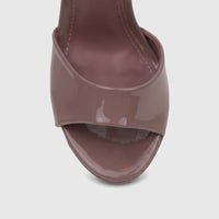 Close-up front view of a Bulbul Ladies stiletto heel sandal in glossy mocha patent leather, highlighting the toe and strap