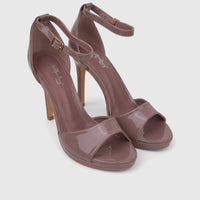 A pair of Bulbul Ladies stiletto heel sandals in mocha patent finish, featuring open toes and ankle straps with gold buckles.
