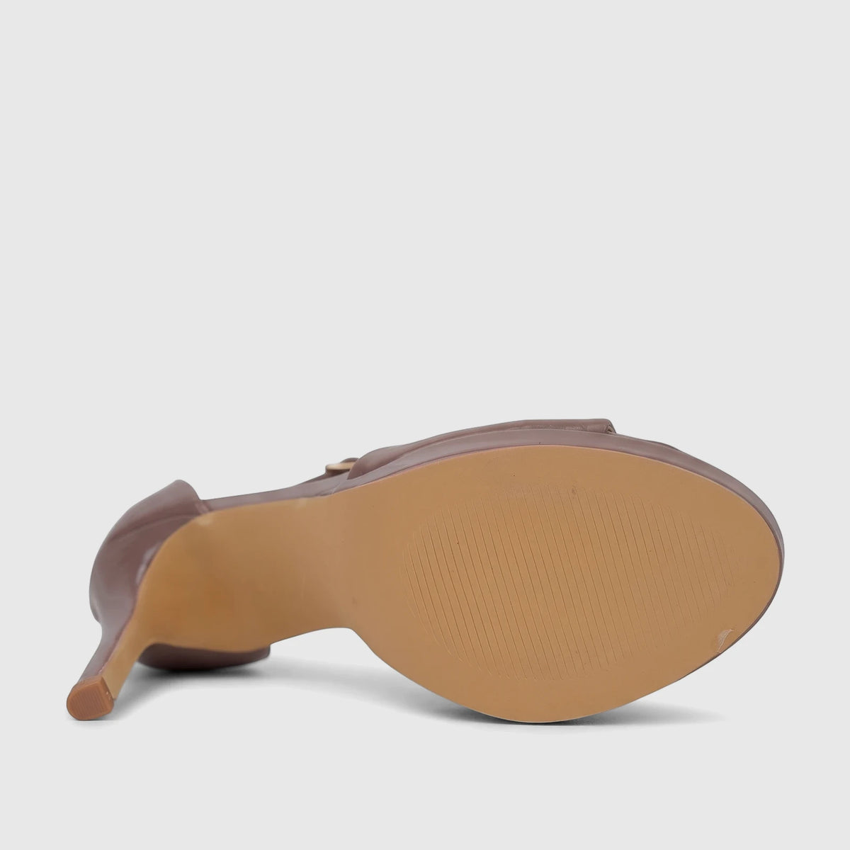 Mocha Bulbul Ladies Stiletto Heel Sandal with a textured sole, captured from a low angle, highlighting its platform and