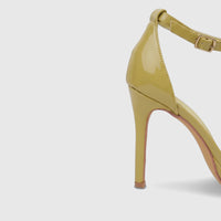 Yellow patent leather Bulbul Ladies Stiletto Heel Sandal with an ankle strap, shown from a side angle.