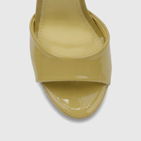 Close-up front view of a yellow patent leather Bulbul Ladies Stiletto Heel Sandal with an open toe.