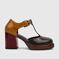 Bulbul Ladies T-bar block heel shoe in khaki, navy, brown, orange, and red patent leather with a silver buckle.
