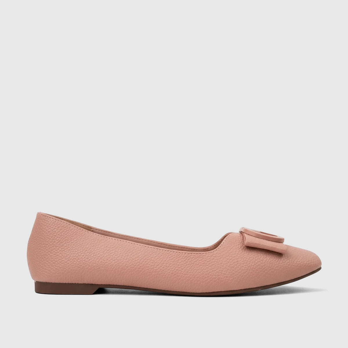 Bulbul ladies casual pump in textured pink, featuring a small decorative detail on the toe and a brown sole, presented in a
