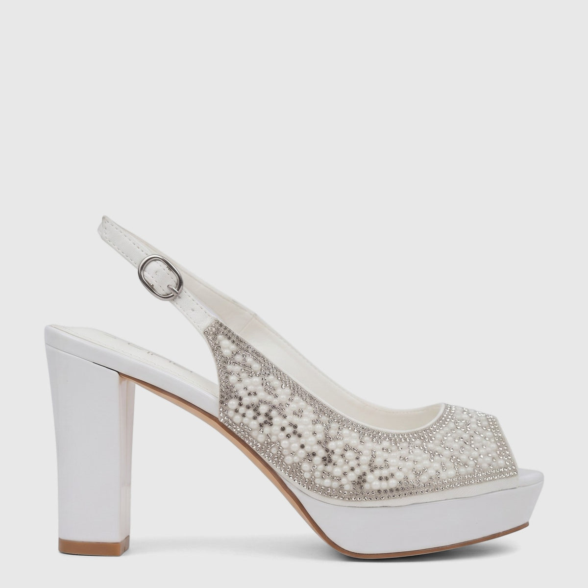 White block heel peep toe sandal for ladies, adorned with pearls and rhinestones, shown from a side view.
