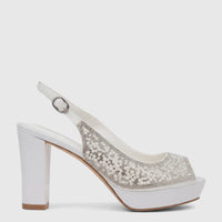 White block heel peep toe sandal for ladies, adorned with pearls and rhinestones, shown from a side view.
