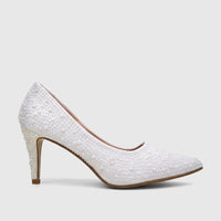 Bulbul Ladies Evening Court Shoe in white, featuring a pointed toe and stiletto heel, embellished with iridescent pearls,