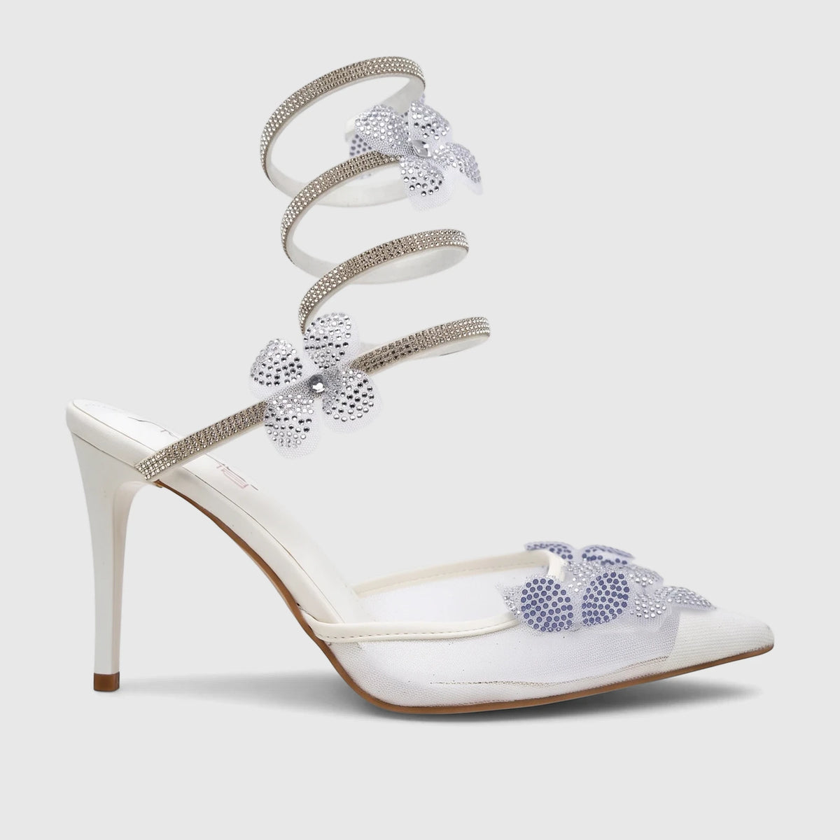 Bulbul Ladies white spiral strap evening heel sandal with sparkling crystal flower embellishments on a stiletto heel.