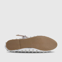 Silver ladies' evening pump, bottom view, featuring a tan sole with size 38 and decorative clear rhinestones along the