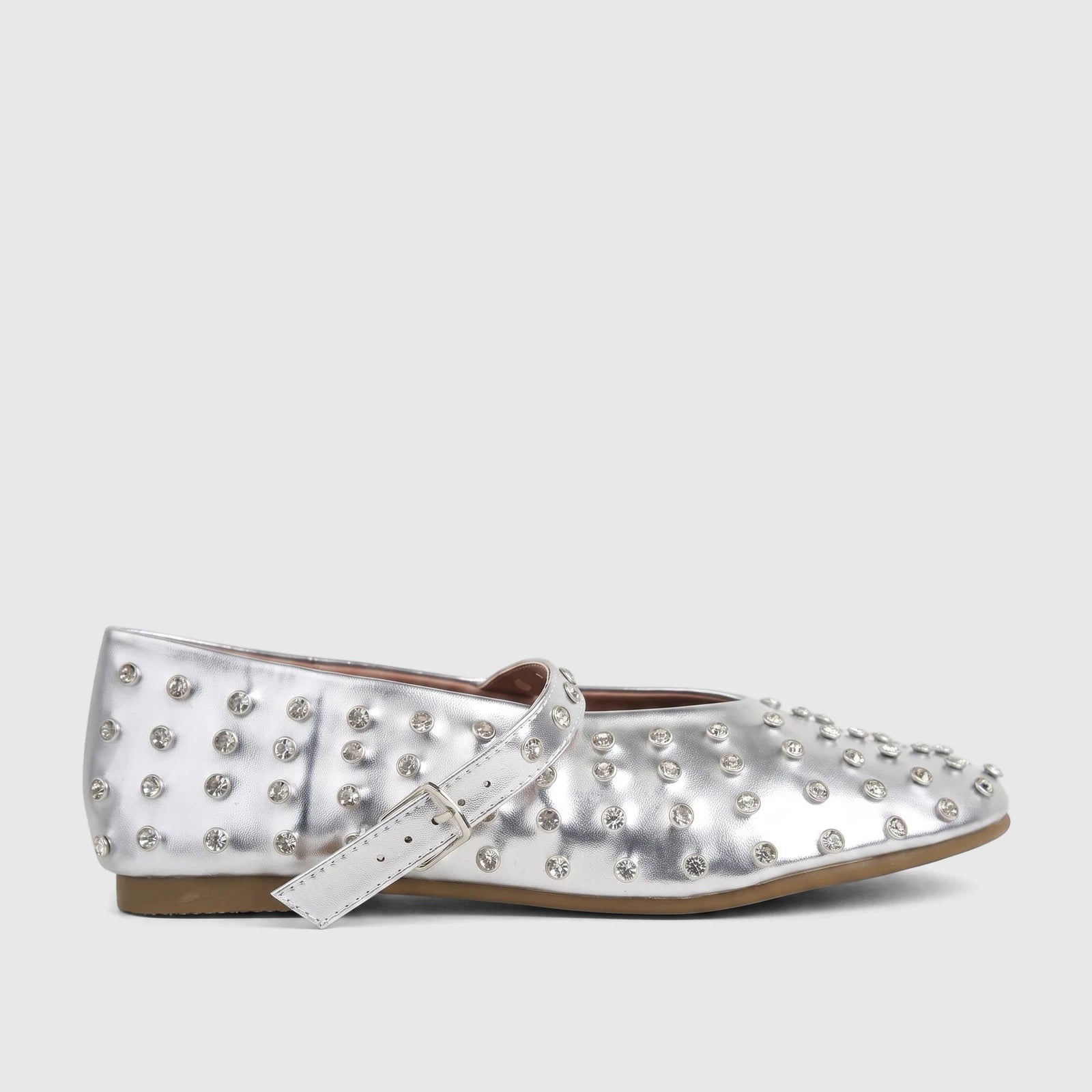 Bulbul Lararossi Ladies Evening Pump in silver, featuring a studded design with rhinestones and a Mary Jane strap.