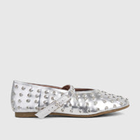 Bulbul Lararossi Ladies Evening Pump in silver, featuring a studded design with rhinestones and a Mary Jane strap.