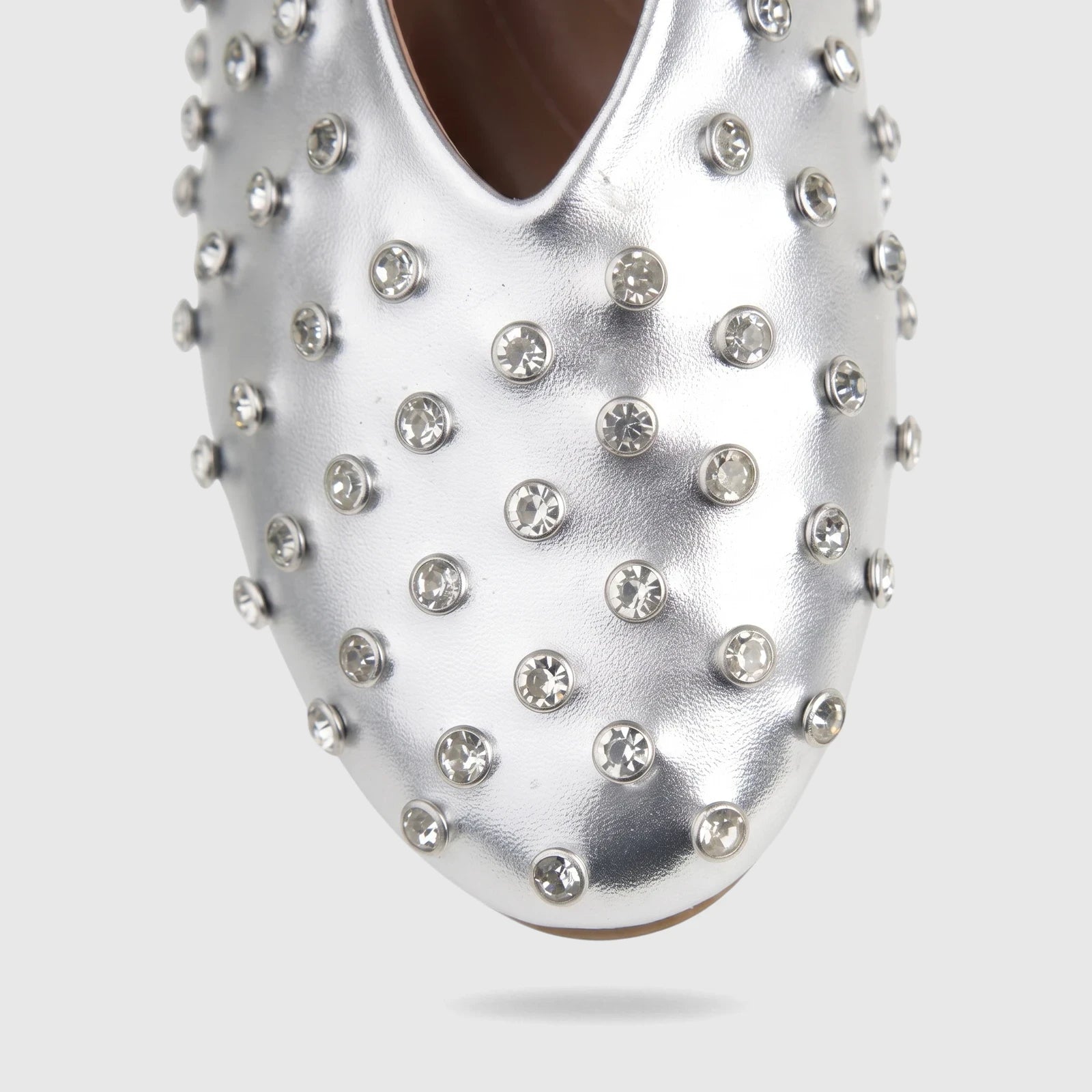 Silver Bulbul Lararossi Ladies Evening Pump adorned with clear rhinestones, close-up view.