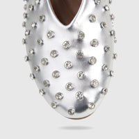 Silver Bulbul Lararossi Ladies Evening Pump adorned with clear rhinestones, close-up view.