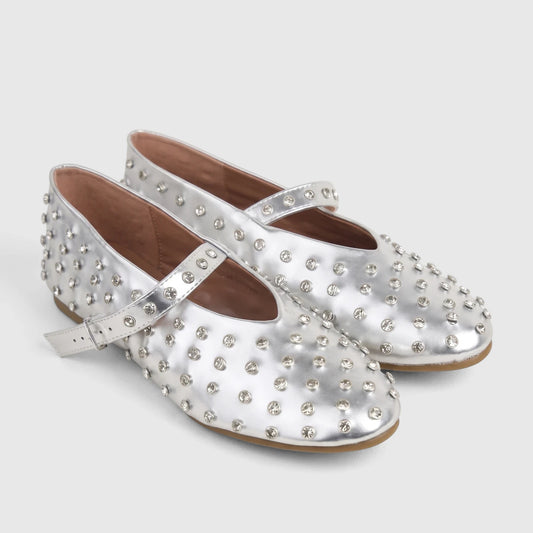 Bulbul Lararossi Ladies Evening Pump in silver, featuring a studded design with rhinestones and a Mary Jane strap.