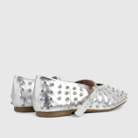 Pair of Bulbul Lararossi silver studded ladies evening pumps, featuring clear rhinestones and a strap buckle, presented from