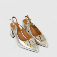 Bulbul Ladies Leather Slingback Block Heel Court Gold LAR26-5