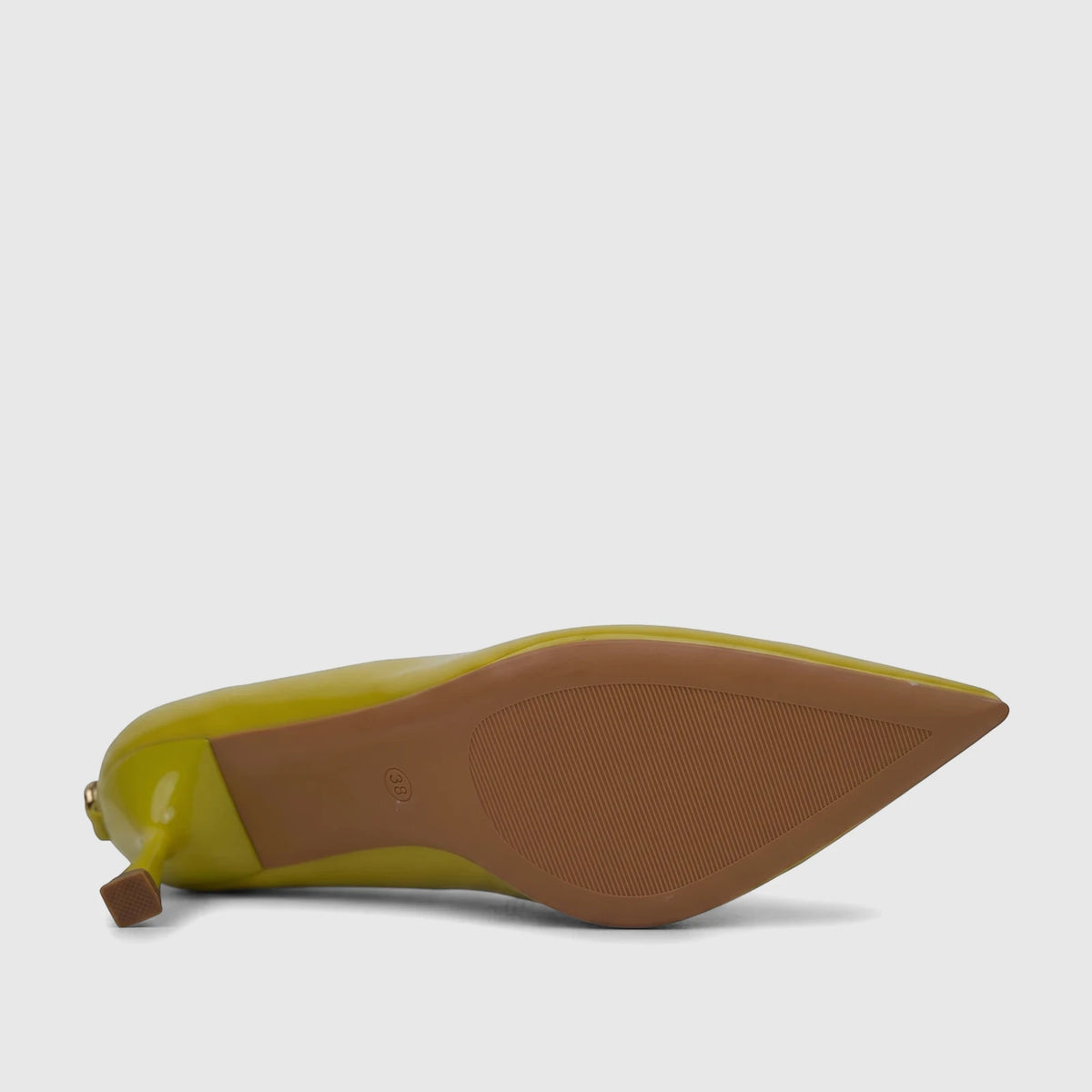 Mustard green Bulbul patent leather dress court shoe, bottom view. Pointed toe, low stiletto heel, textured sole with size