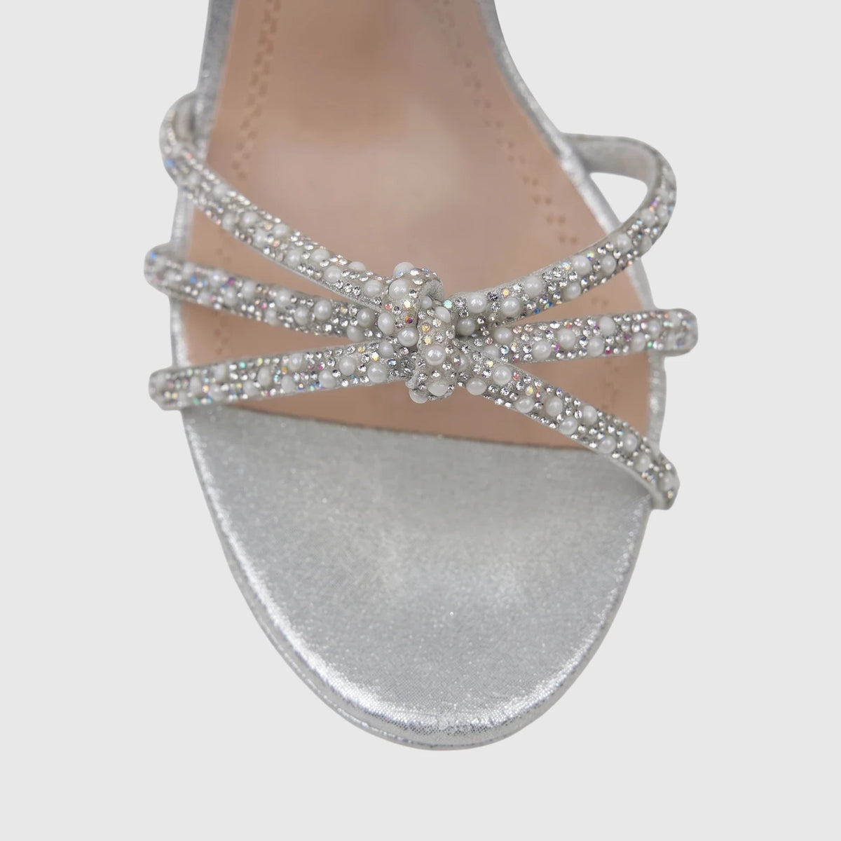 Close-up of a silver Bulbul Ladies Evening Slingback Sandal, model HAR103, adorned with elegant pearl and rhinestone