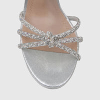 Close-up of a silver Bulbul Ladies Evening Slingback Sandal, model HAR103, adorned with elegant pearl and rhinestone
