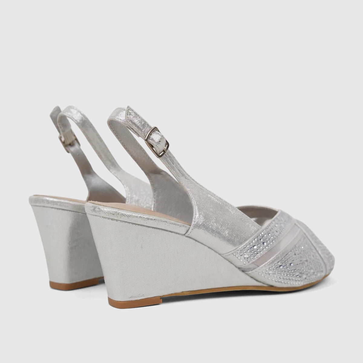 Silver Bulbul Ladies Evening Wedge Sandals with rhinestone embellishments and slingback design, shown from a side