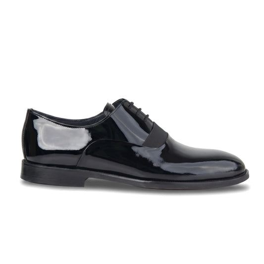 Bulletti Men's Leather Dress Lace Up 128-21 black patent shoe, glossy leather lace-up oxford in side view