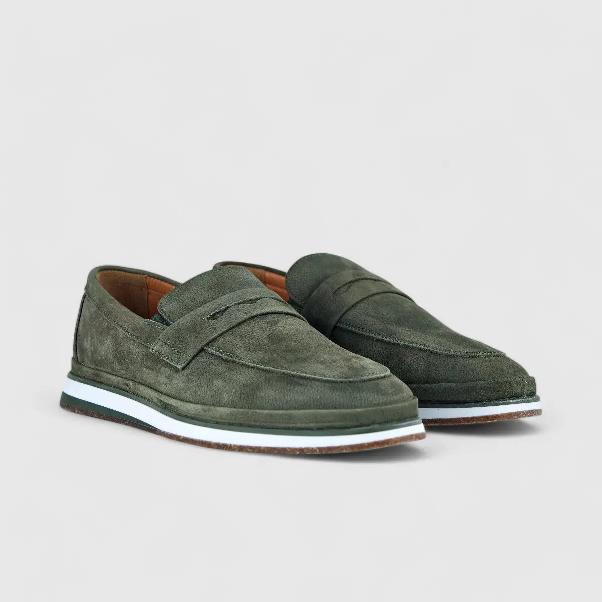 Bulletti Leather Nubuck Slip On M7269 Olive Loafers | familyshoecentre