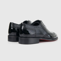 Bulletti men's leather dress lace up brogue shoes in black, glossy finish with perforated detailing, rear view