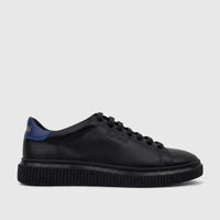 A single black leather Bulletti men's sneaker, model HASM-003, with a ribbed platform sole and blue heel accent, presented