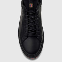 Bulletti Men's Black Leather Sneaker HASM-001, featuring a detailed front view of the laces and a round logo on the tongue.