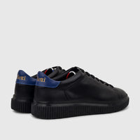 Bulletti Men's Black Leather Sneakers HASM-003 with blue heel tabs, gold lettering, and ridged soles, in a rear-side view.