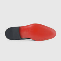 Bulletti men's leather dress lace up 1-421 black patent shoe, bottom view showing red sole and black heel