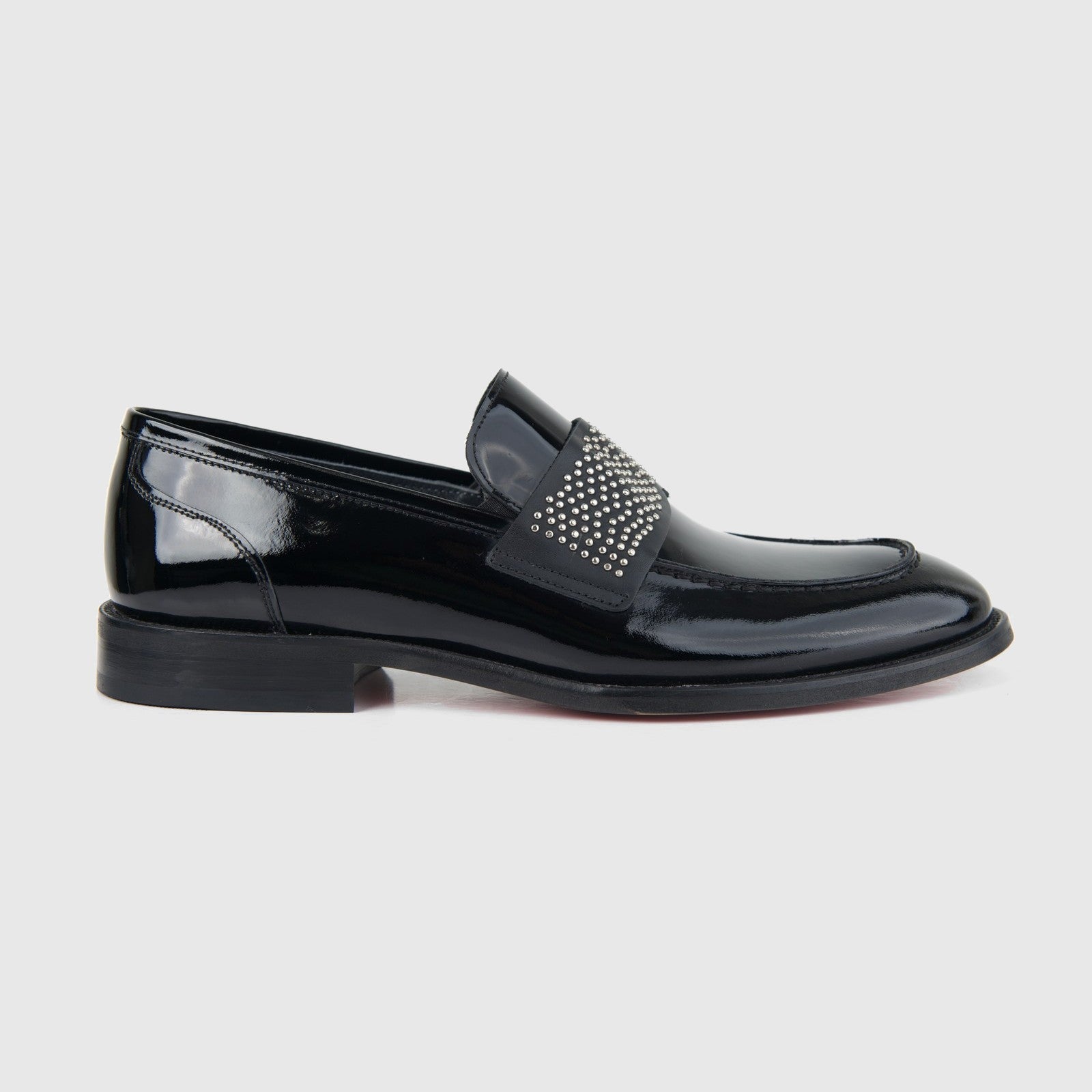 Bulletti Men's Leather Dress Slip On With Studs 3-357 black patent leather loafer, side view with studded strap