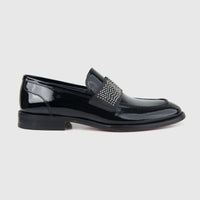 Bulletti Men's Leather Dress Slip On With Studs 3-357 black patent leather loafer, side view with studded strap