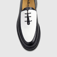 Bulletti Men's black and white leather chunky sole lace-up shoe, front top-down view.