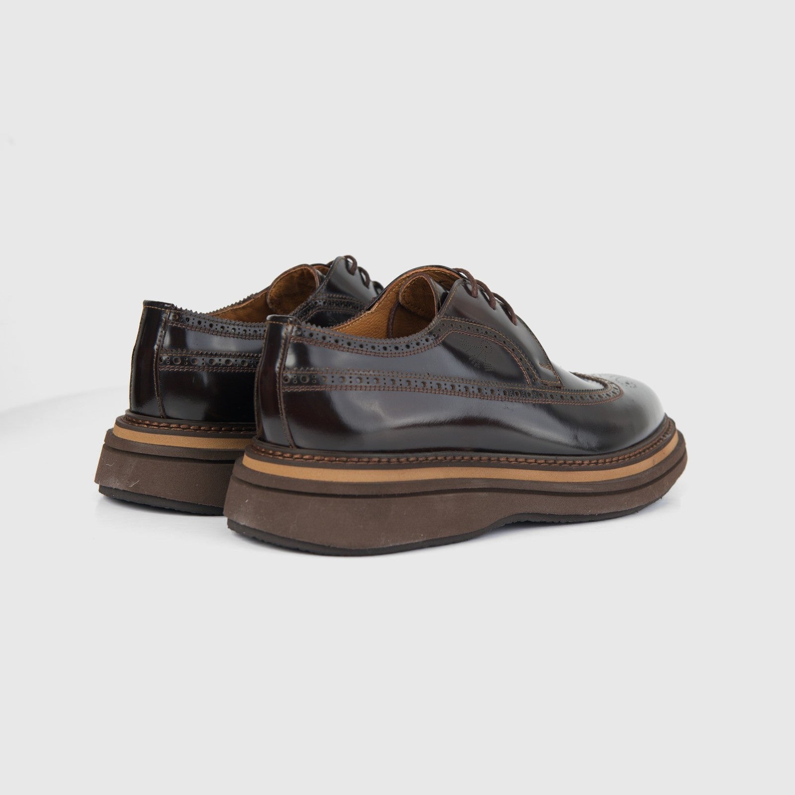 Bulletti men's leather chunky sole brogue 124-30 in brown, pair shown from rear side with perforated trim