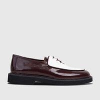 Bulletti men's chunky sole lace-up shoe in burgundy patent leather with a white vamp, shown in a side profile.