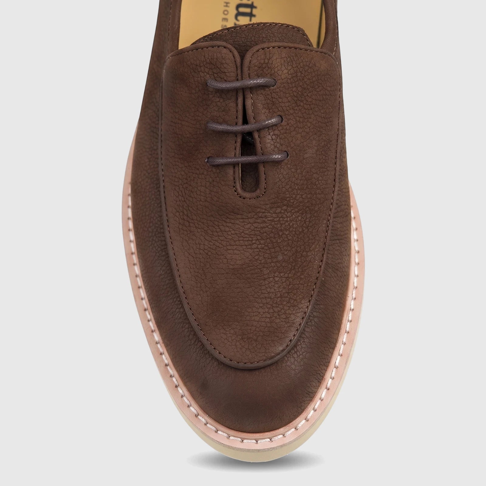 Close-up top-down view of a Bulletti Men's Chunky Sole Lace Up shoe in Monarch Brown leather with detailed stitching.