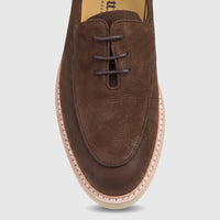 Close-up top-down view of a Bulletti Men's Chunky Sole Lace Up shoe in Monarch Brown leather with detailed stitching.
