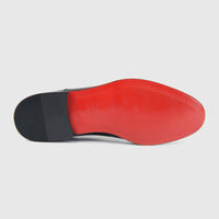 Bulletti men's leather dress lace up 128-21 black patent shoe, outsole view showing red sole and black heel