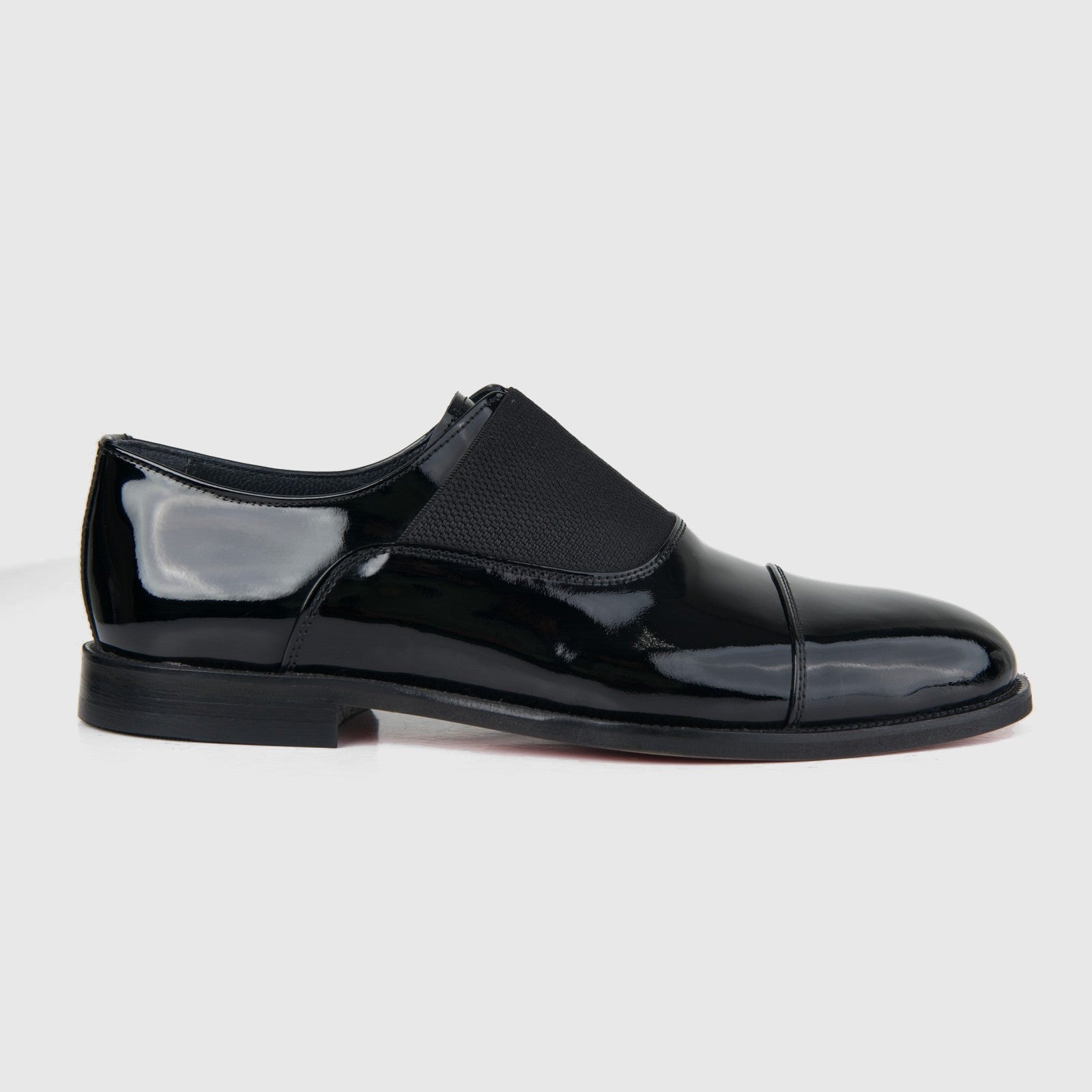 Bulletti Men's Leather Dress Slip On 24-397 black patent shoe, side view with glossy leather upper