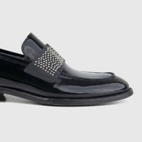 Bulletti men's leather dress slip on with studs 3-357 in black patent, side view showing studded strap.