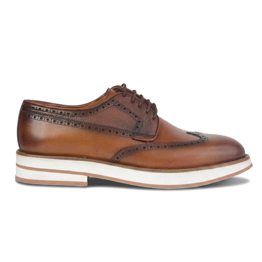Bulletti men's leather chunky sole lace up brogue 96-324 in tan, side view with white layered outsole.