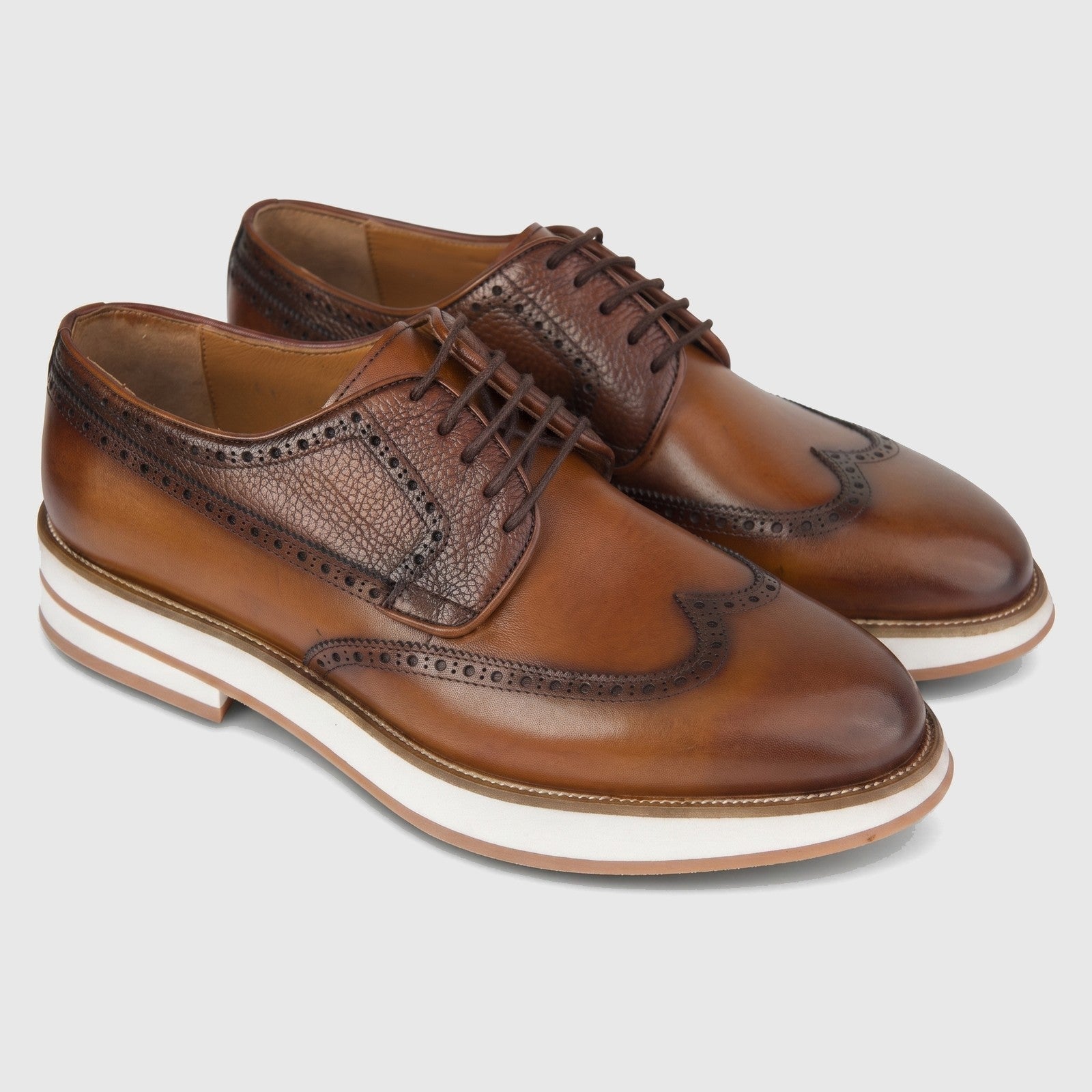 Bulletti men's leather chunky sole lace up brogue shoes in tan, pair shown in side angle with wingtip detail.