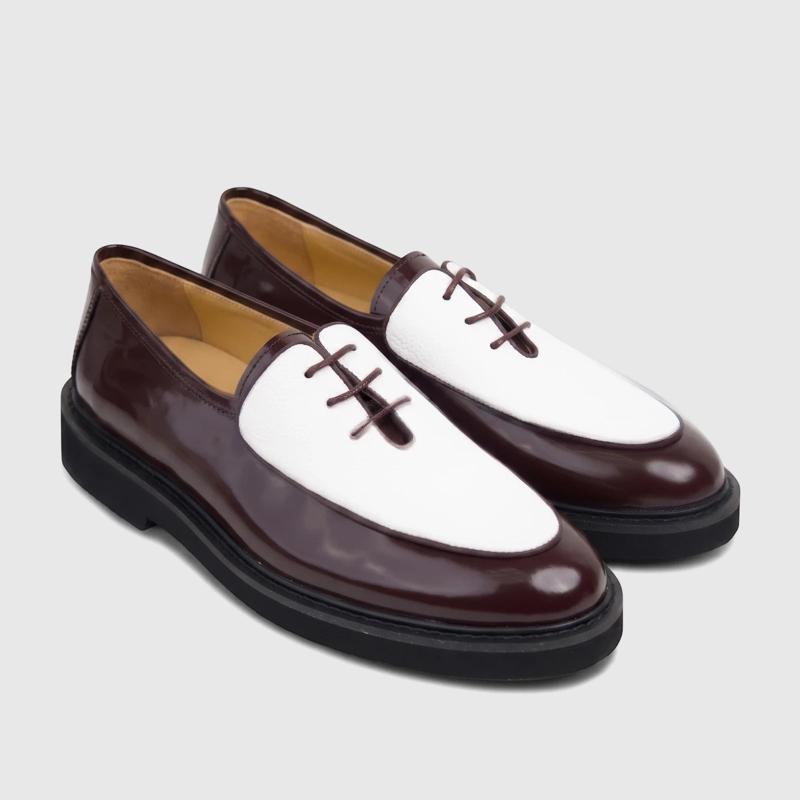 Bulletti men's leather chunky sole lace-up shoes in burgundy and white, showcasing the polished finish and textured vamp