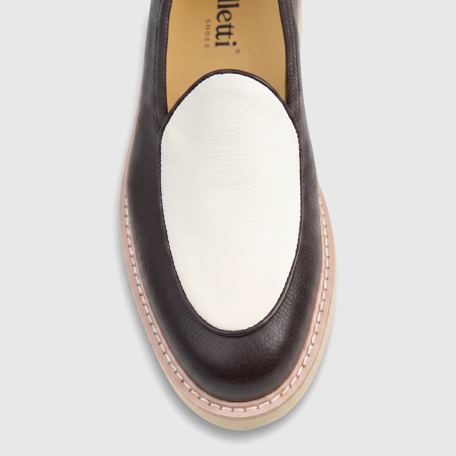 Bulletti Men's Leather Chunky Sole Loafer in Mariner Brown and Off-White, shown from an overhead perspective.