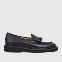 Bulletti Men's Leather Chunky Sole Loafer in black and white, featuring a fringe detail and a durable sole, presented in a